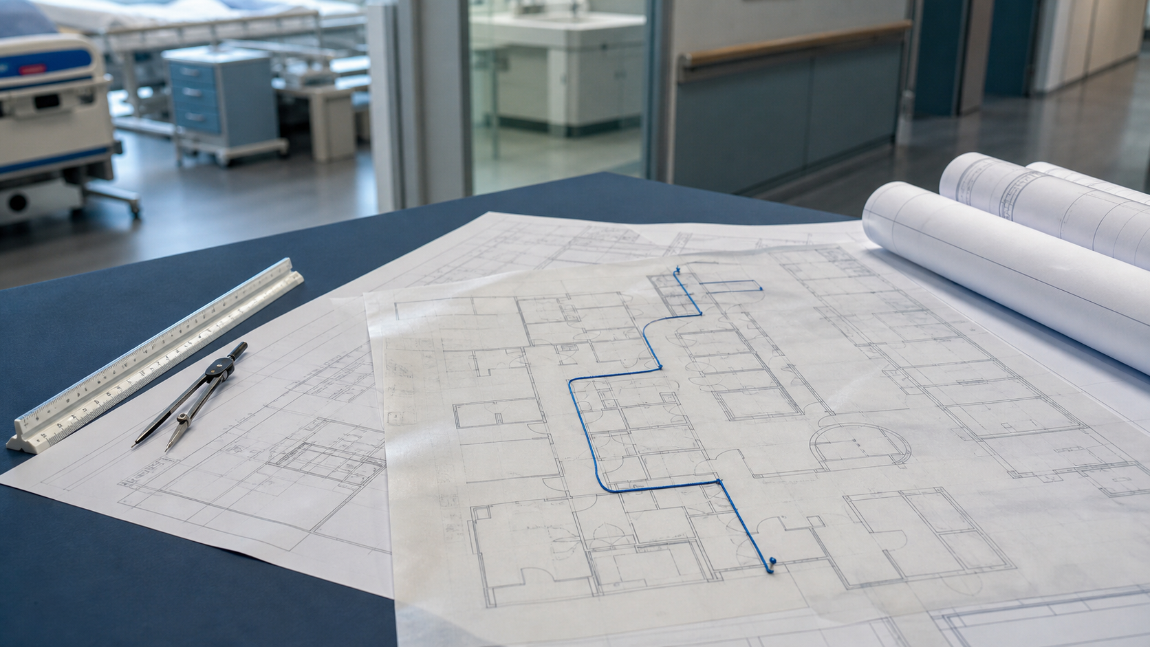 Healthcare floor plan with an abstract measured route, scale, and drafting dividers