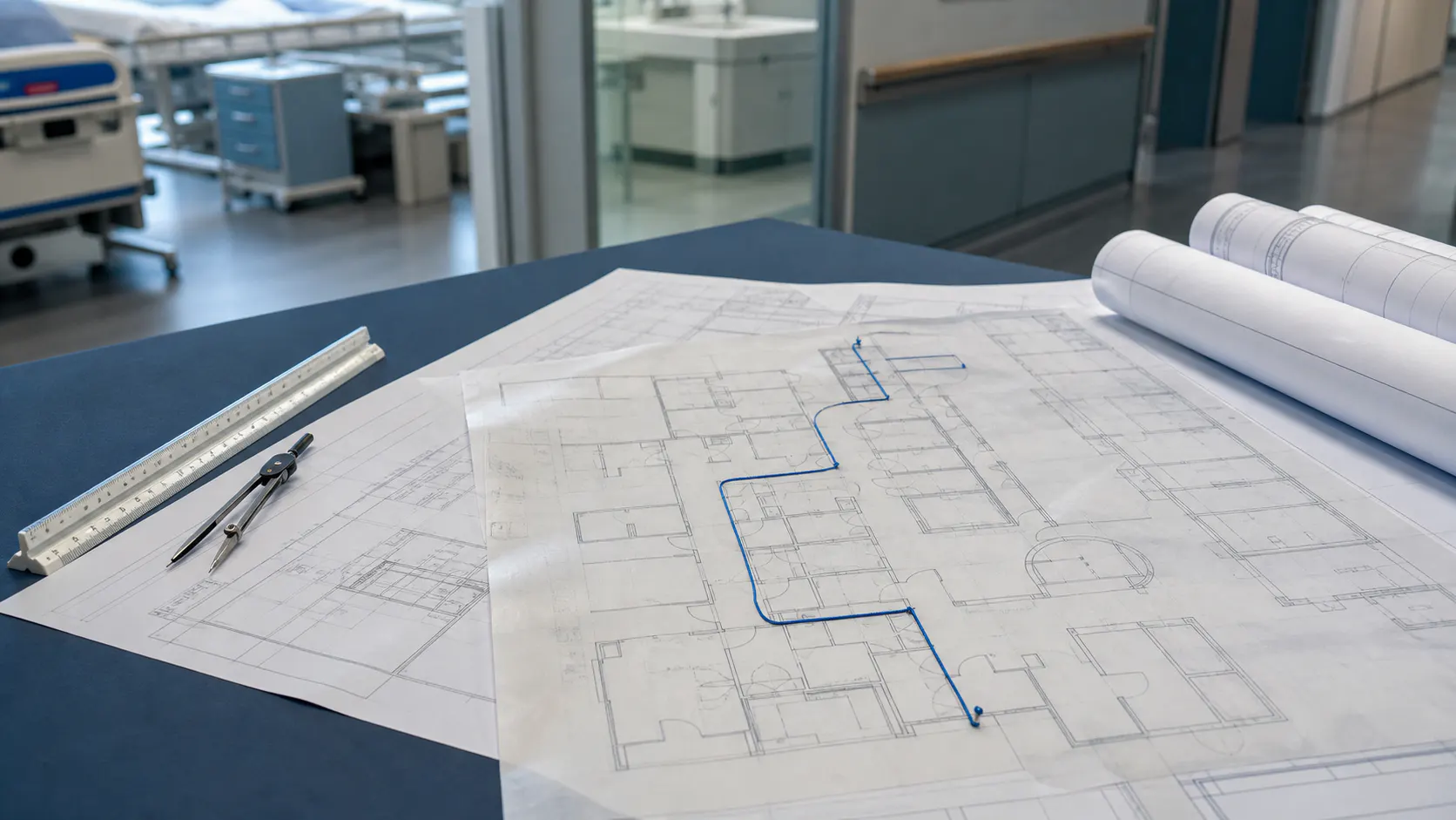 Healthcare floor plan with an abstract measured route, scale, and drafting dividers