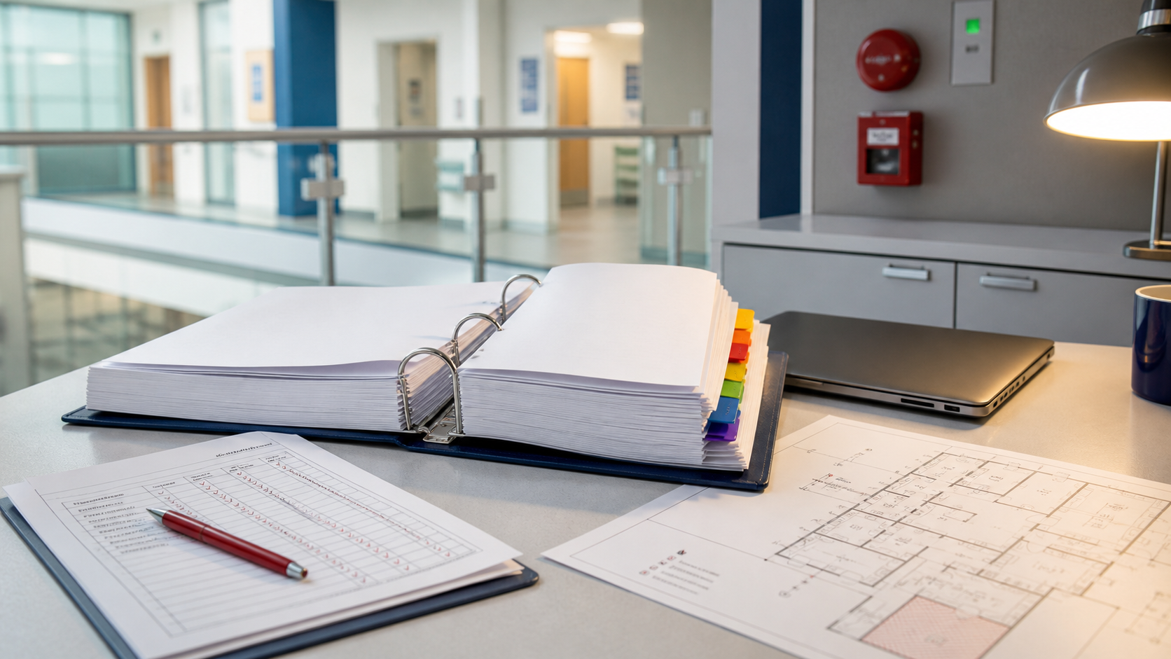 Organized life safety binder, inspection log, and healthcare floor plan in a hospital facilities workspace