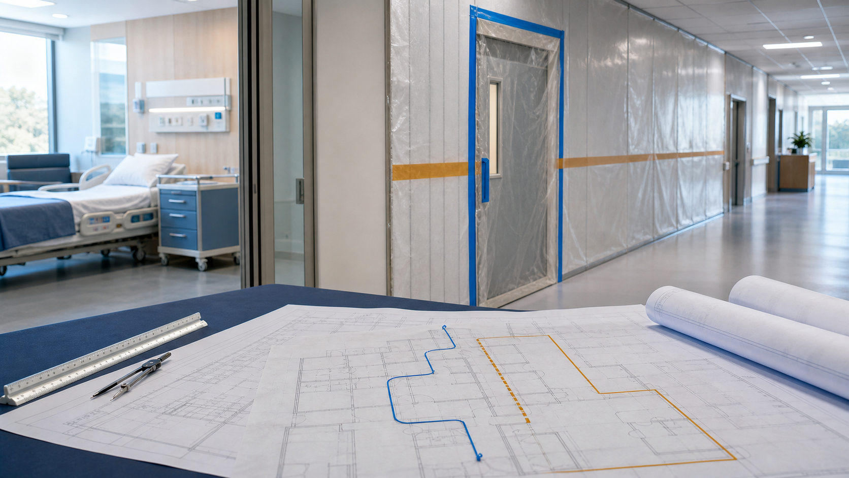 Temporary hospital construction barrier and corresponding egress route plan