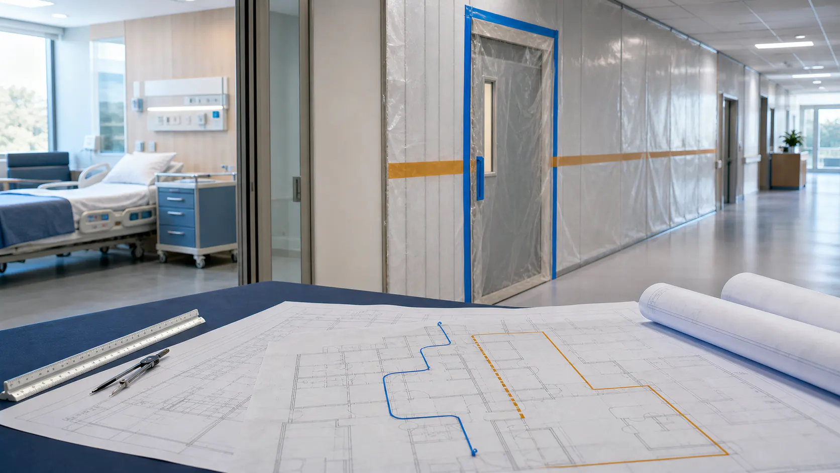 Temporary hospital construction barrier and corresponding egress route plan