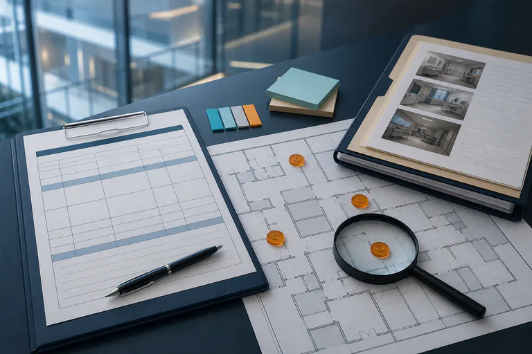 Deficiency documentation worksheet and evidence review tools on a healthcare floor plan