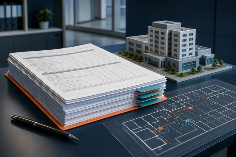 Organized life safety survey form set beside a healthcare building model and floor plan