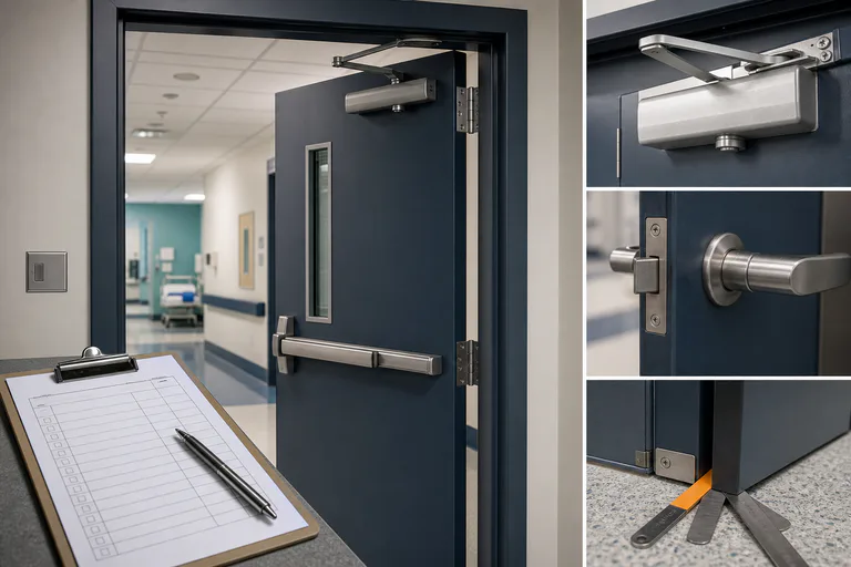 Hospital fire door assembly with closer, latch, gap details, and inspection checklist