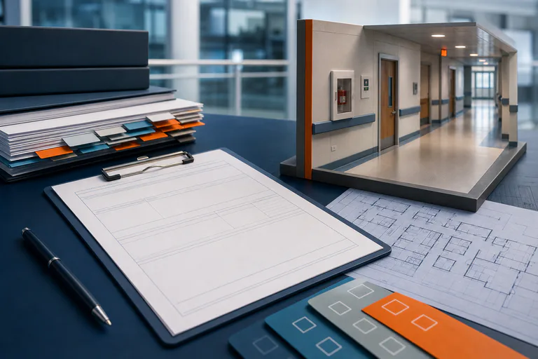 Healthcare survey forms, life safety plan, and hospital corridor model arranged for CMS code review