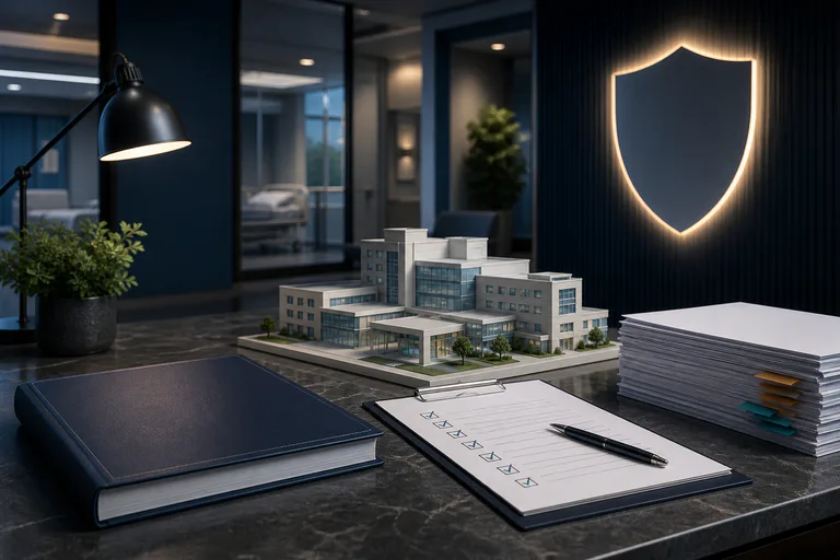 Hospital accreditation review desk with healthcare building model and compliance documents