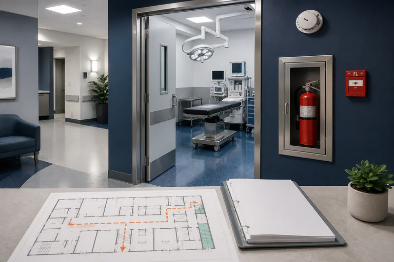Ambulatory surgical center procedure area, egress plan, and fire safety equipment