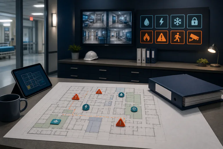 Healthcare environment-of-care plan with building risk markers and facilities documentation