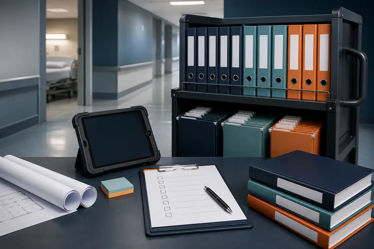 Organized survey document cart with binders, tablet, drawings, and readiness checklist