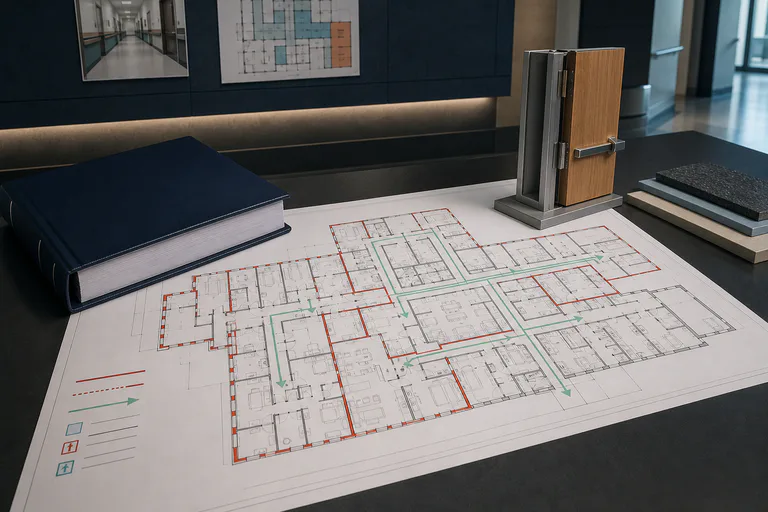 Healthcare floor plan showing egress and compartment boundaries beside a fire door detail and reference binder