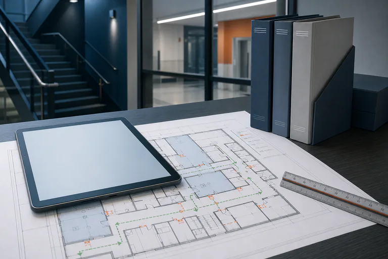 Updated digital and printed healthcare life safety plans at a modern code-review station