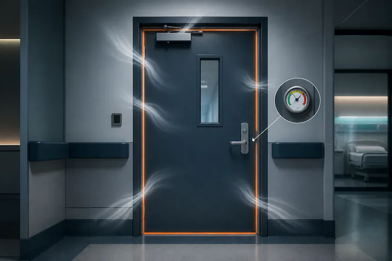 Hospital smoke door with perimeter seals and an airflow inspection detail