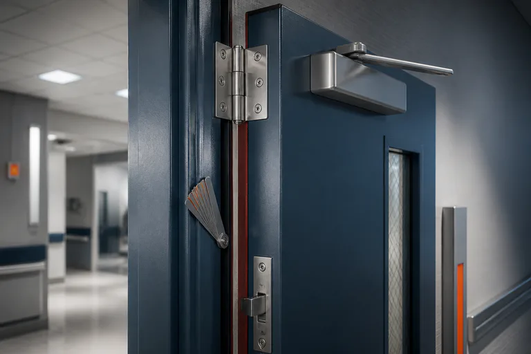 Healthcare fire door frame, hinge, closer, latch, and edge prepared for inspection