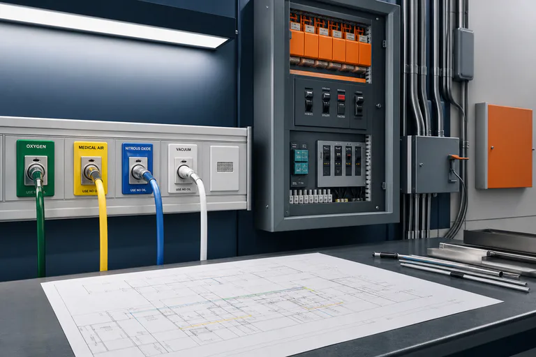 Medical gas outlets, emergency power equipment, and a healthcare facilities systems plan