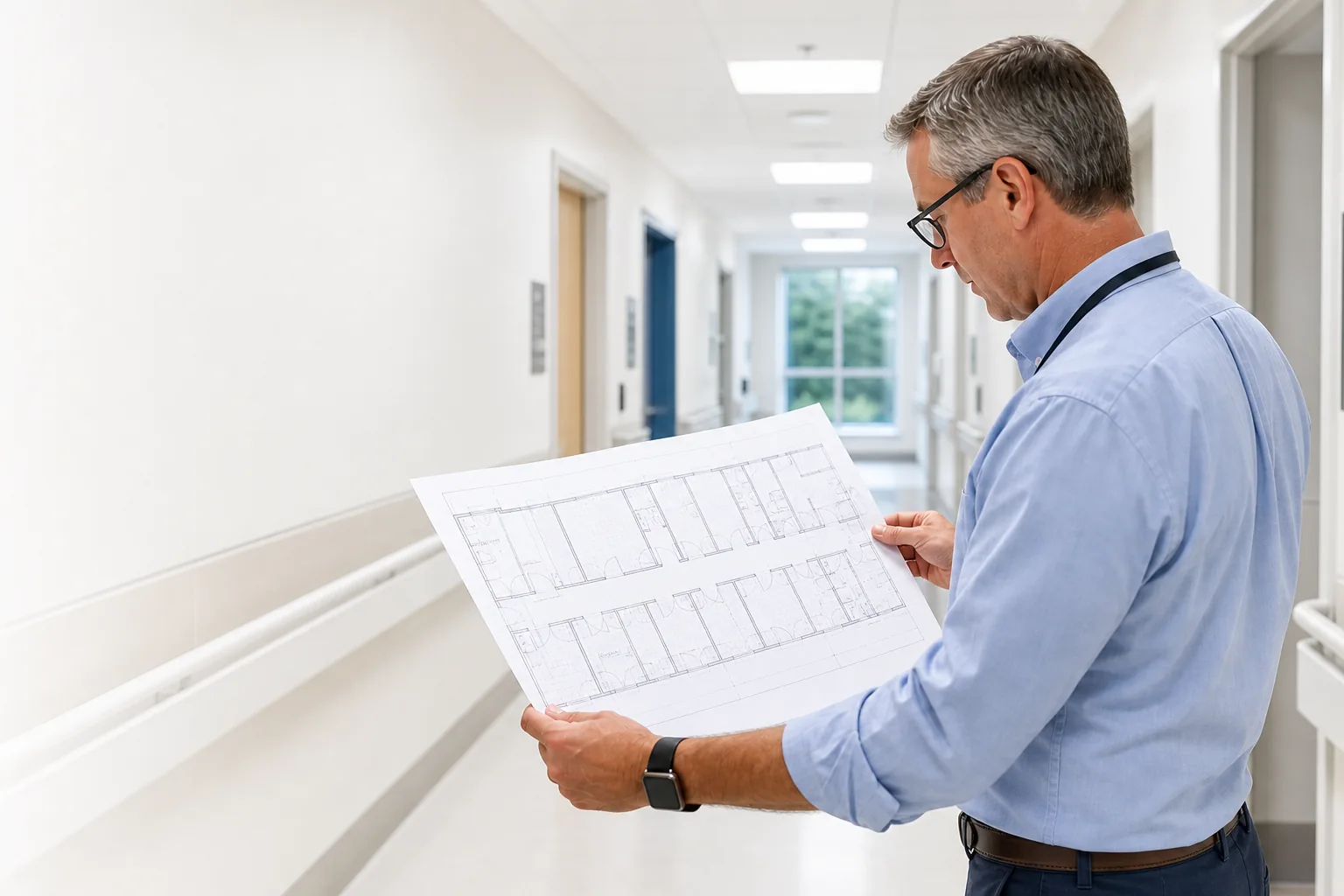 Healthcare facility professional reviewing a life safety floor plan in a hospital corridor