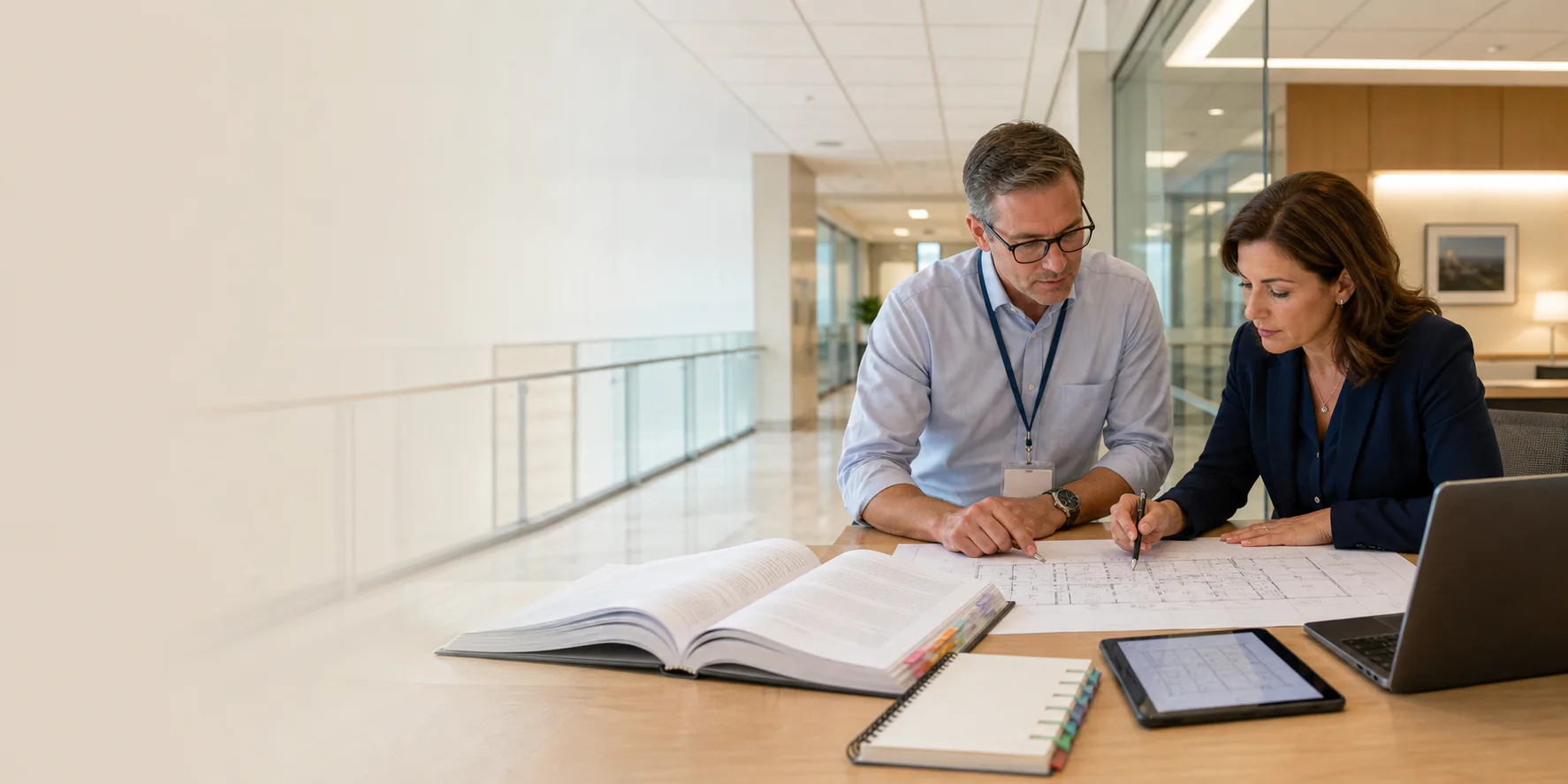 Healthcare life safety professionals comparing a floor plan with compliance references and digital documentation