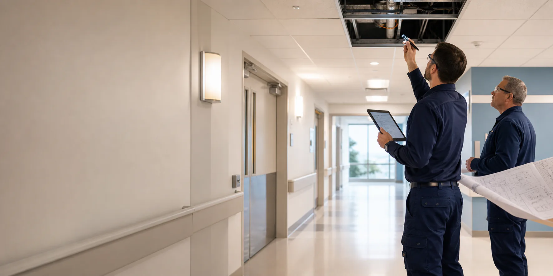 Healthcare life safety consultants assessing above-ceiling conditions in a hospital corridor